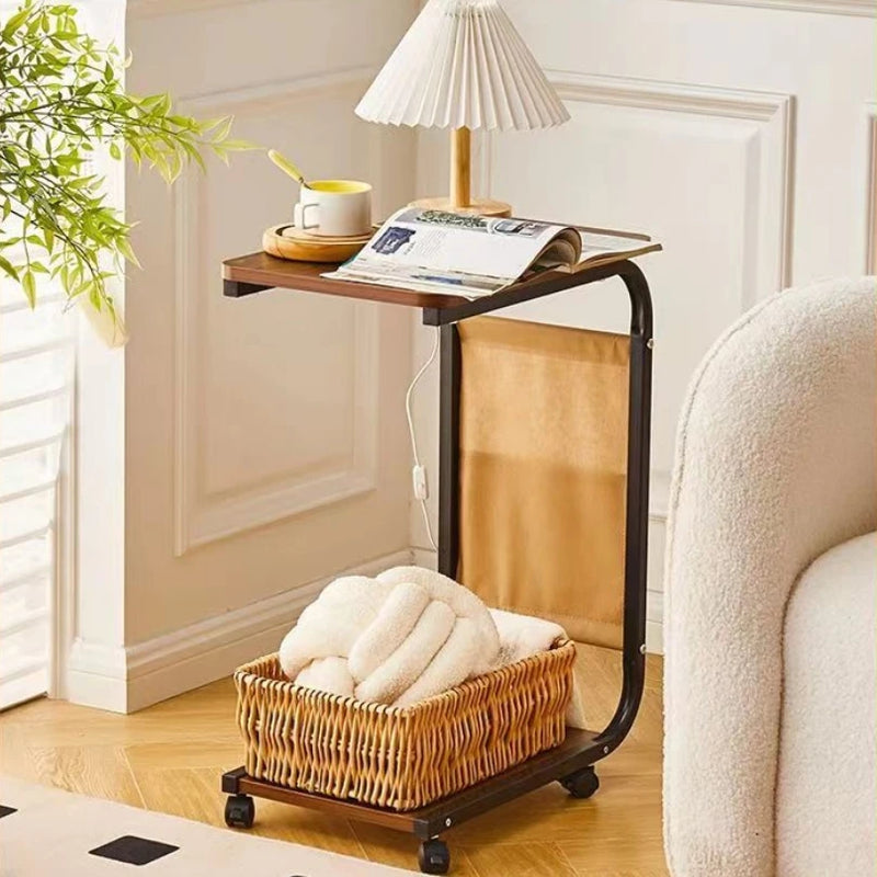 Mesa Lateral C-Shaped com Rodízios 360° – Acabamento em Cortiça e Design Portátil