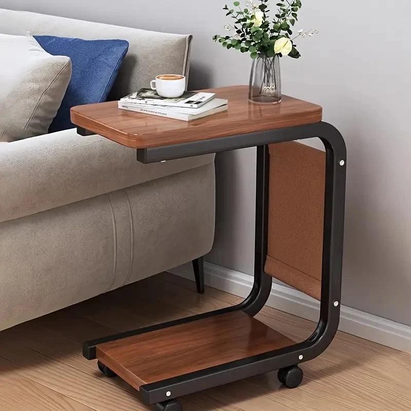 Mesa Lateral C-Shaped com Rodízios 360° – Acabamento em Cortiça e Design Portátil