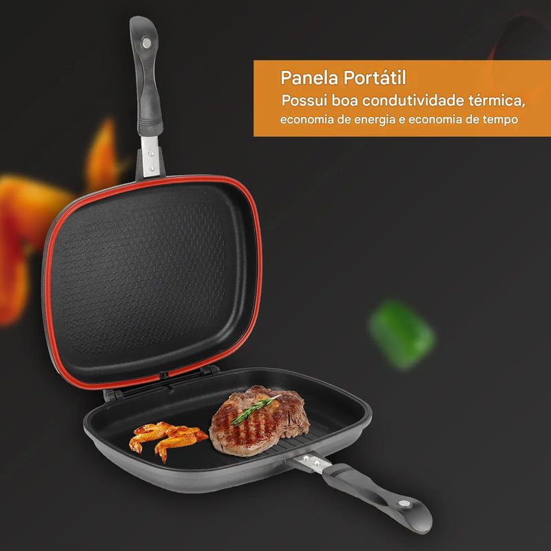 Frigideira Grill Dupla Face Portátil 32cm com Cabo Anti-Queimadura