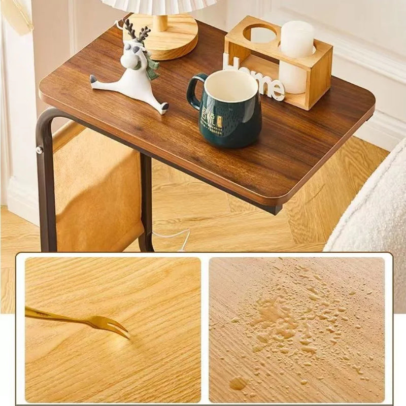 Mesa Lateral C-Shaped com Rodízios 360° – Acabamento em Cortiça e Design Portátil