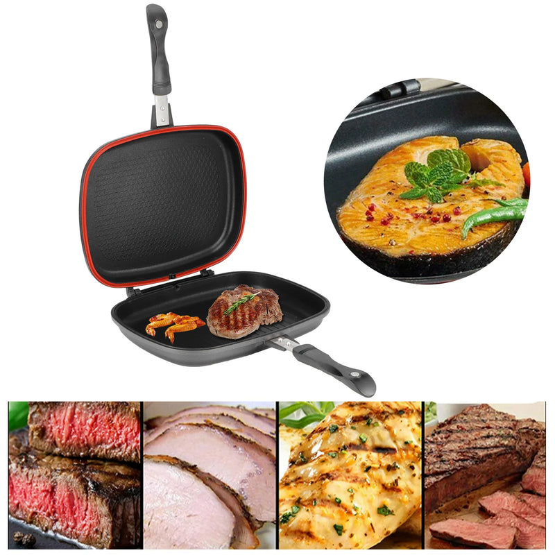 Frigideira Grill Dupla Face Portátil 32cm com Cabo Anti-Queimadura