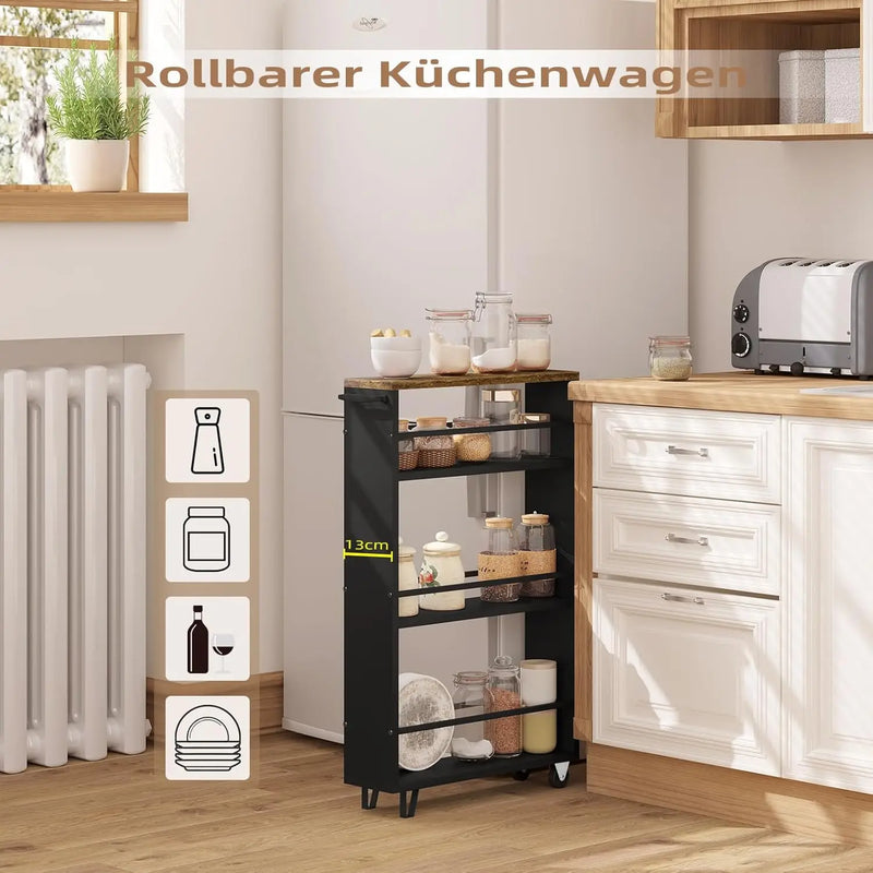 Carrinho de Servir com Rodas WOLTU – 3 Andares em Madeira com Freios