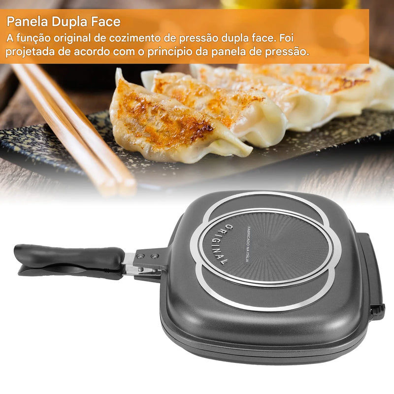 Frigideira Grill Dupla Face Portátil 32cm com Cabo Anti-Queimadura