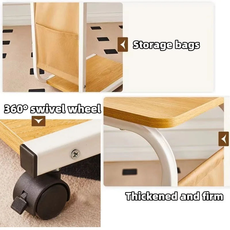 Mesa Lateral C-Shaped com Rodízios 360° – Acabamento em Cortiça e Design Portátil